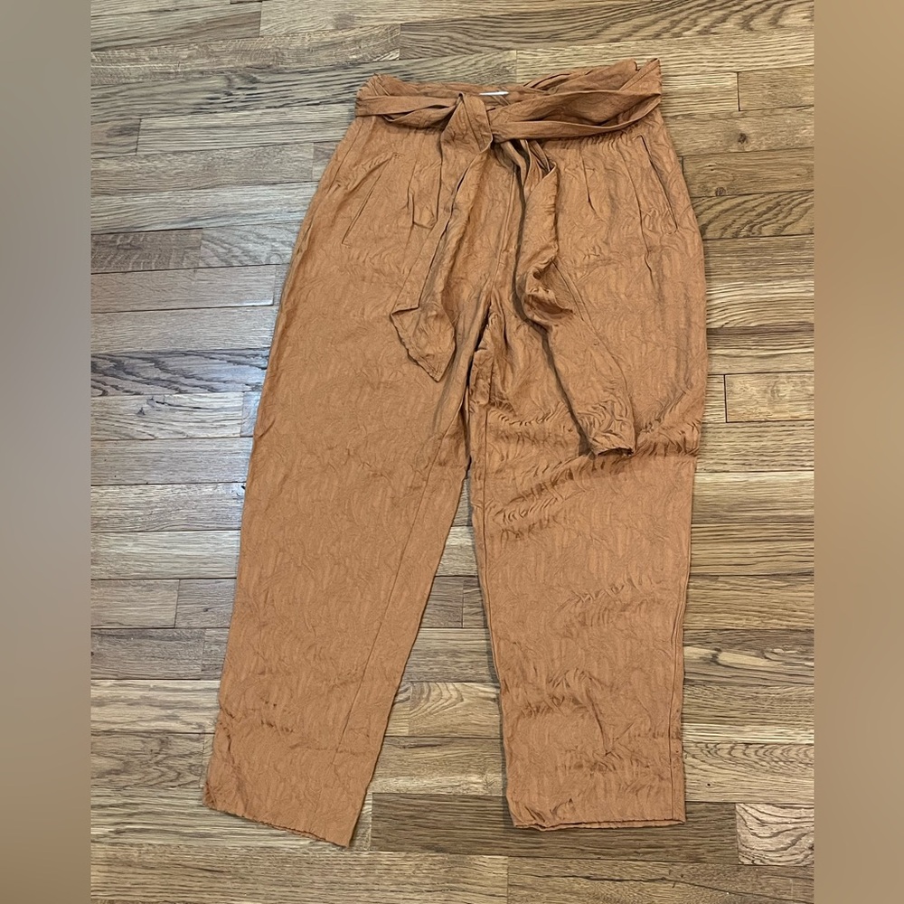 Anthropologie Gold Jacquard Cropped Tie Waist Ankle Pants